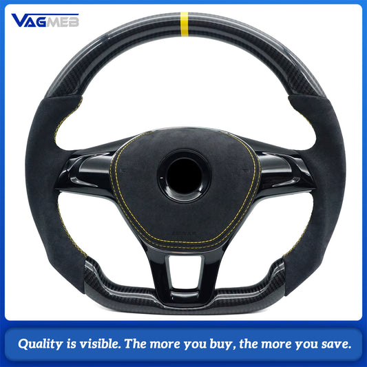 Carbon Fiber Semi Perforated Sports Steering Wheel Yellow line, yellow return, standard marking For VW GOLF 7 MK7 Transporter T6