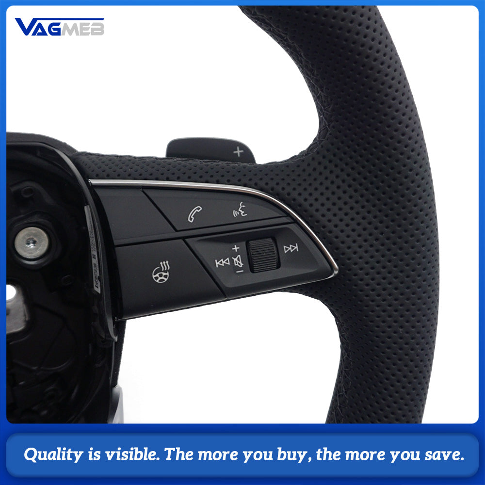 Flat Bottom Half Perforated Leather Steering Wheel Black Stitch S Badge With Multifunction Buttons Mini Paddle Shifters Heating For Audi Q5L FY SQ5