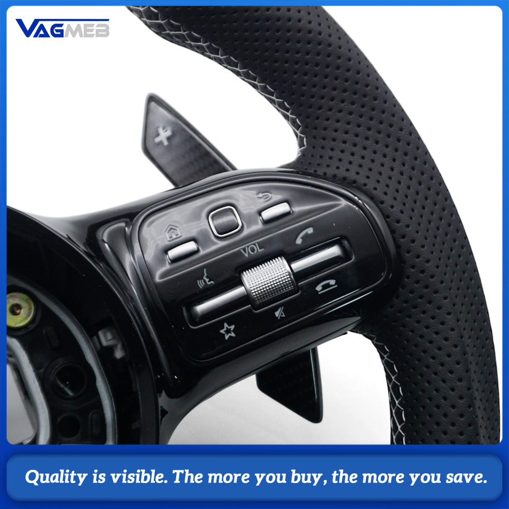 Car AMG Style Carbon Fiber Half Perforated Leather Steering Wheel White Stitching White Center Marker With Control Buttons And Large Paddle Shifters For Mercedes Benz
