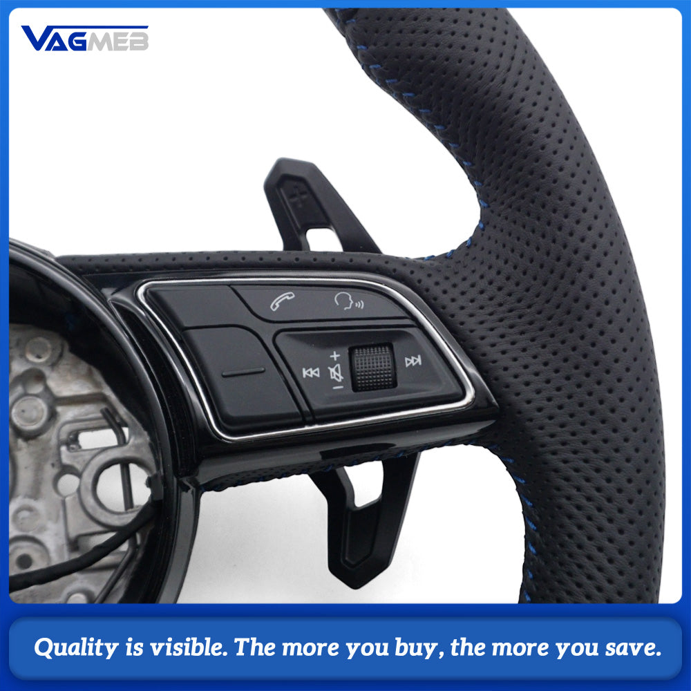 For Audi A3 8Y Genuine Perforated Leather Steering Wheel, Blue Contrast Stitching, S Badge, Lamborghini Style Big Shift Paddles, Car Interior Modification Sport Steering Wheel