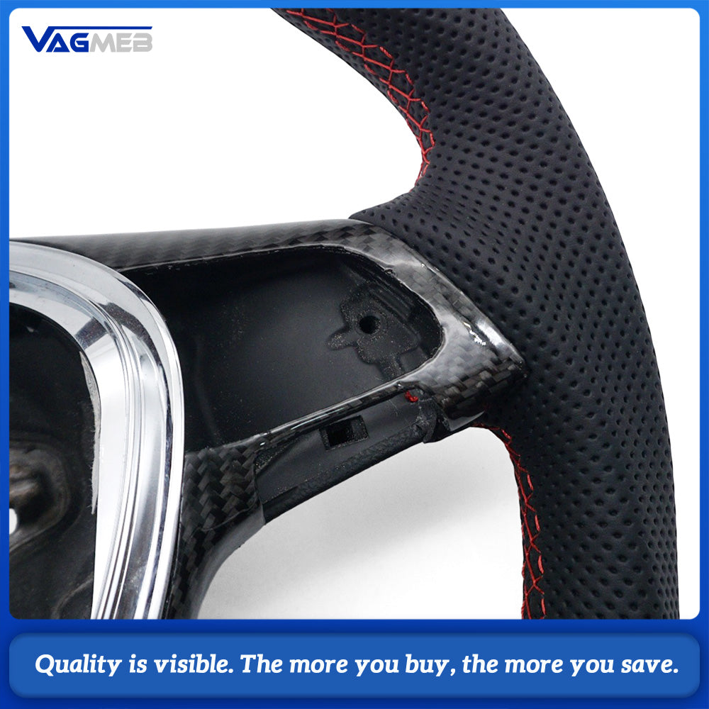 For VW T6 Half Perforated Leather Steering Wheel, Red Stitching Steering Wheel With Carbon Fiber Frame Car Modification Replacement Part