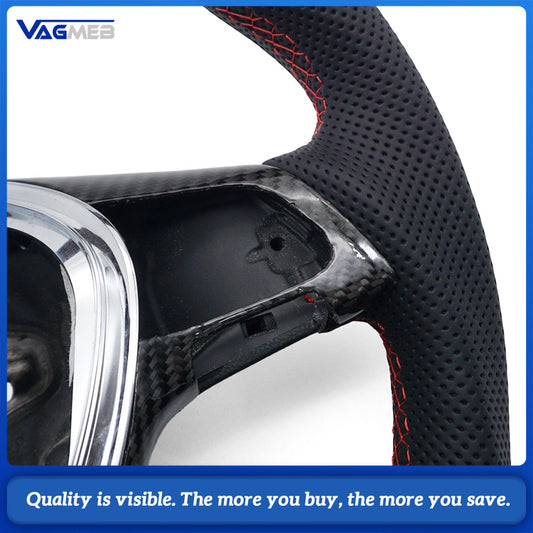 For VW T6 Half Perforated Leather Steering Wheel, Red Stitching Steering Wheel With Carbon Fiber Frame Car Modification Replacement Part