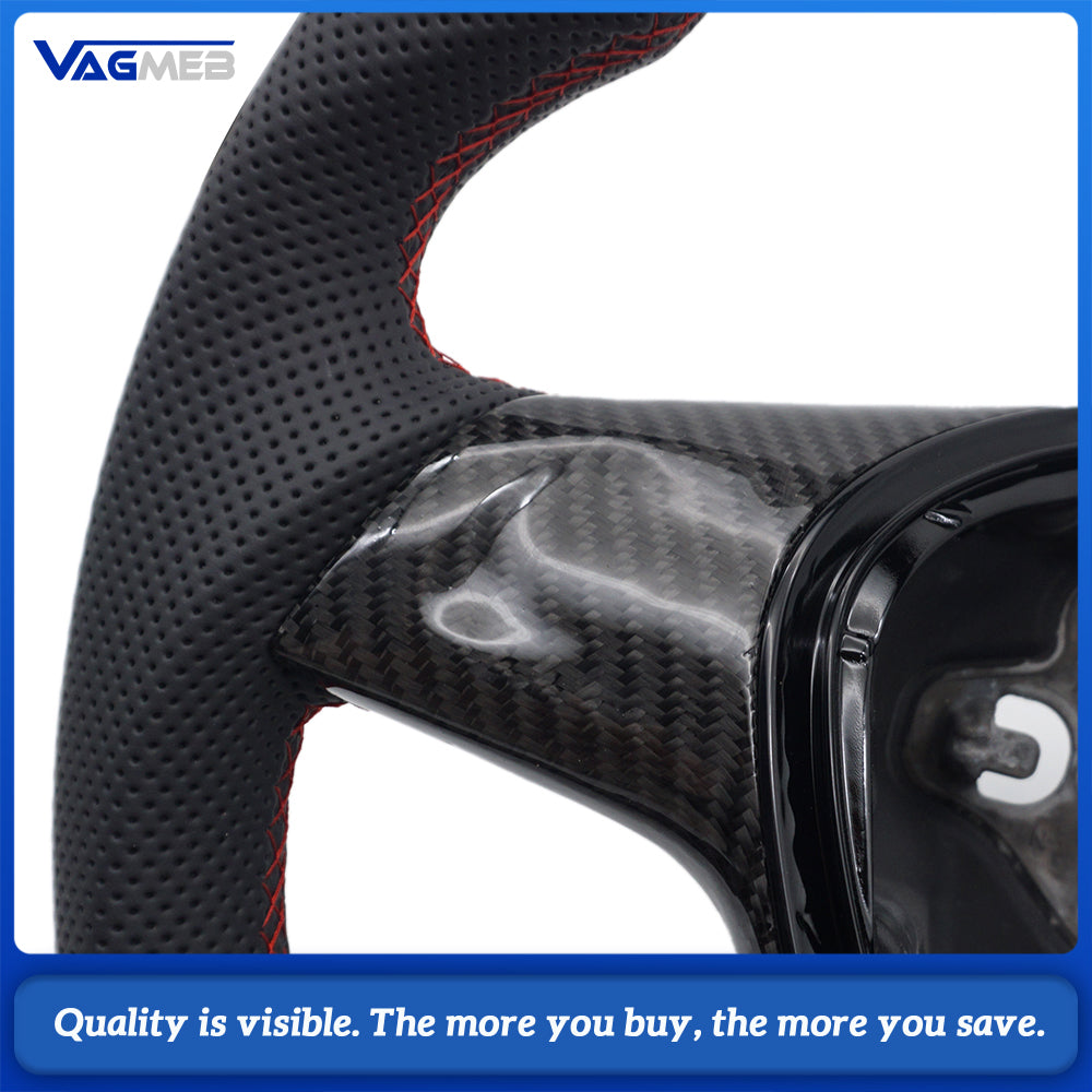 Car Carbon Fiber Half Perforated Leather Steering Wheel Red Stitch Red Centering Marker With Solid Carbon Fiber Button Frame For VW T6