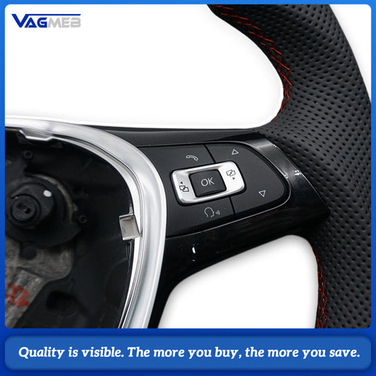 For VW POLO 6R Steering Wheel, Carbon Fiber Trim, Half Perforated Leather, Red Stitching, Red Return Marker, Red Illuminated Buttons, With Paddle Shifters