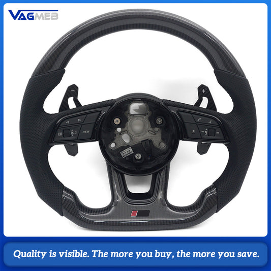 Flat Bottom RS Sport Steering Wheel Fit Audi A4 B9 OEM Bare Core Half Perforated Black Stitch Complete Carbon Paddles Button Trim HOD Decoder Included