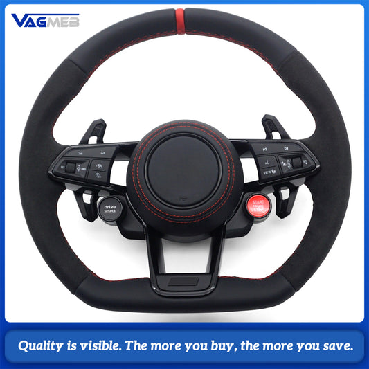 TT‑Style Sport Steering Wheel Half‑Alcantara Red Stitching Red Centering Mark For VW, Multifunction Buttons & Shift Paddles