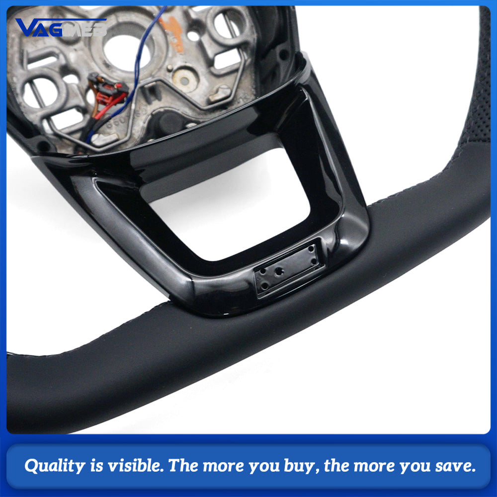 For Audi Q3 Steering Wheel, Half Perforated Leather, Gloss Black Finish, Black Stitching, Heated Function, Without Buttons & Paddle Shifters
