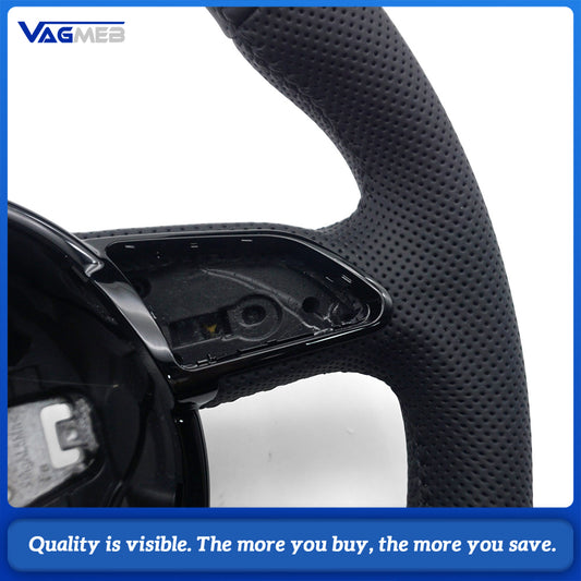 Sport Steering Wheel Replacement For Audi A4 B8, Semi-Perforated Black Leather, Black Stitch, RS Badge, Without Paddles & Multifunction Buttons
