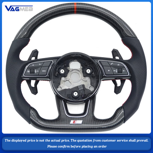 For Audi S LOGO A4B9, semi-perforated red line carbon fiber with red centering mark, buttons and paddles Steering Wheel