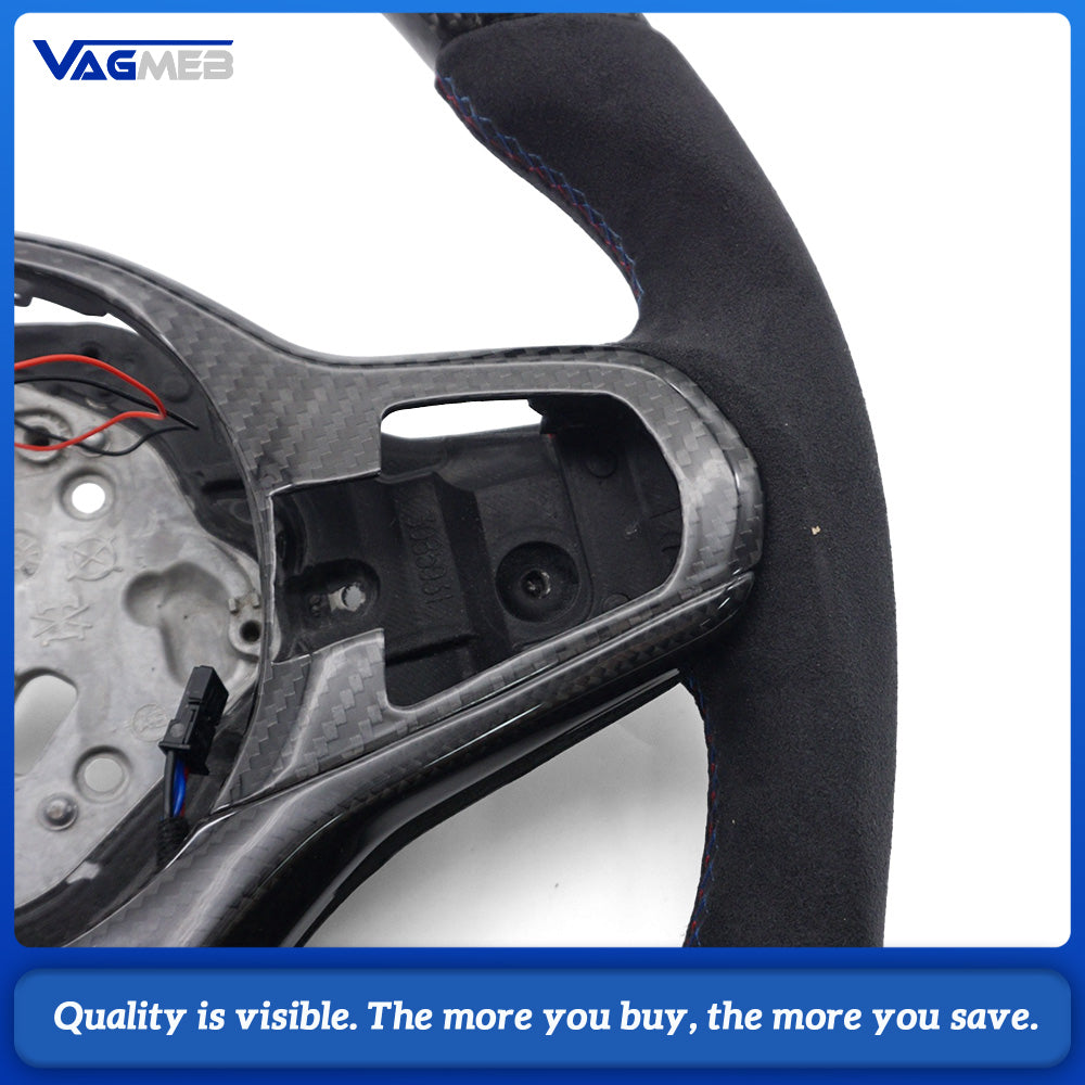 Carbon Fiber Sport Steering Wheel LED Shift Display Semi‑Alcantara Suede M‑Tri‑Color Stitching Tri‑Color Center Mark Full Carbon‑Fiber Button Trim With Steering Wheel Heating For BMW G38