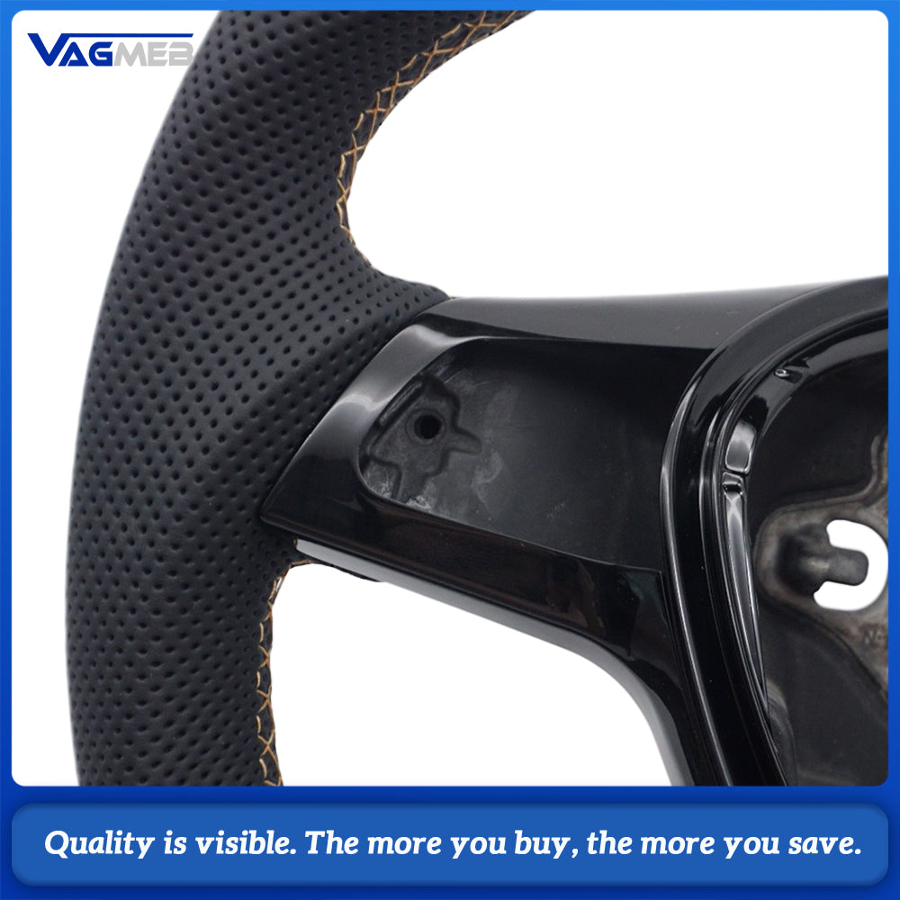 Car Steering Wheel Half Perforated Leather Brown Stitching With Trim Frame Without Control Buttons Replacement For VW T6 Transporter