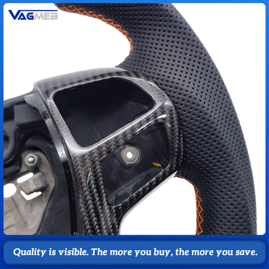 Real Carbon Fiber Sport Steering Wheel For Ford Ranger Wildtrak Raptor T6 T7 T8 Everest Perforated Leather Orange 12 O'Clock Ring Custom Shape