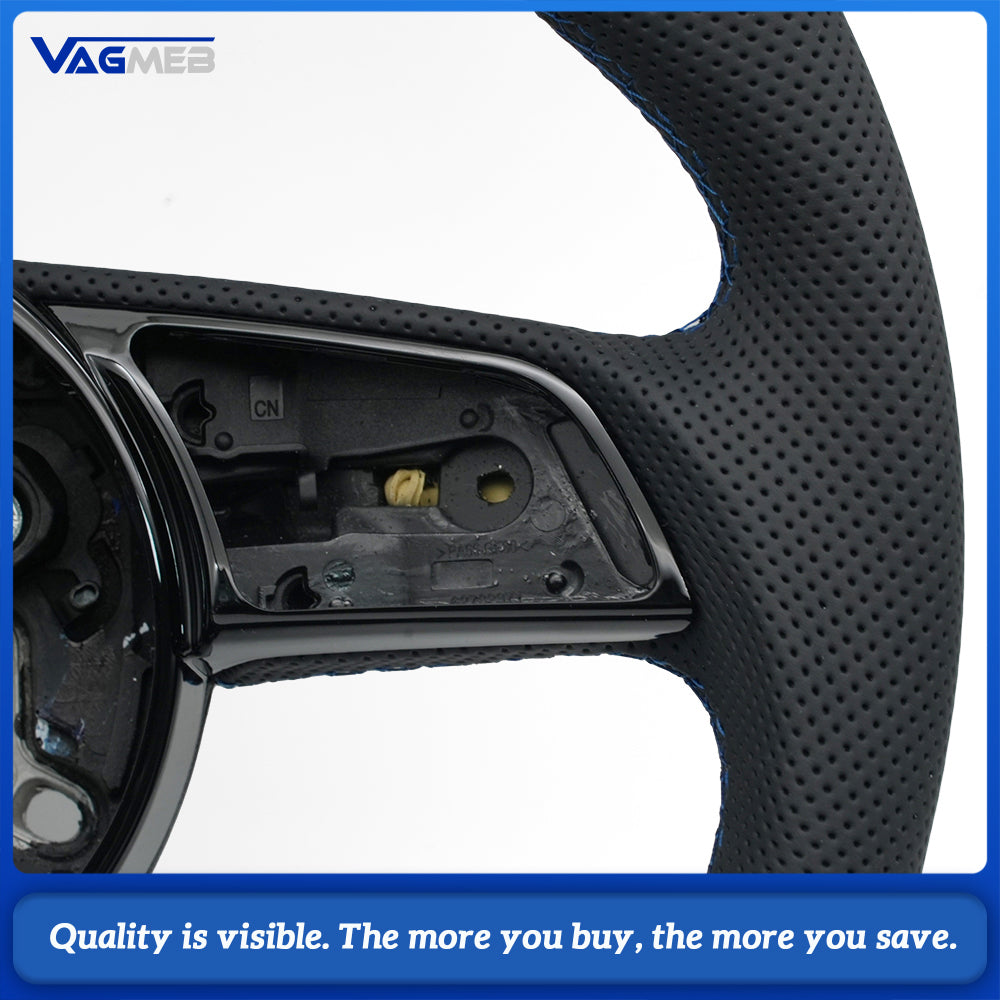 For Audi A4 B9 RS Steering Wheel, Alcantara TopBottom, Perforated Leather Sides, Blue Stitching, Blue 12 o’Clock Marker