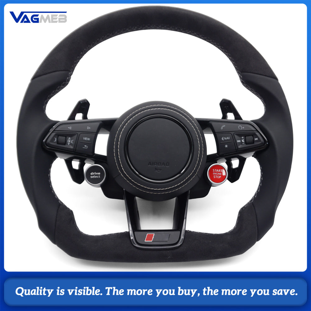 For Audi R8 Flat Bottom RS Steering Wheel Leather+Alcantara Gray Stitch With Buttons Shift Paddles R8 2 Buttons