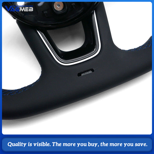 For Audi A4 B9  Steering Wheel, Half Perforated Leather, Blue Stitching, Blue Return Marker, Without Paddle Shifter, Non-contoured Design