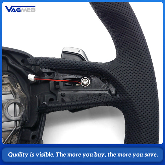 Sport Steering Wheel Half‑Perforated Leather Black Stitching For Audi Q3, With Shift Paddles, No Buttons, Non‑Heated