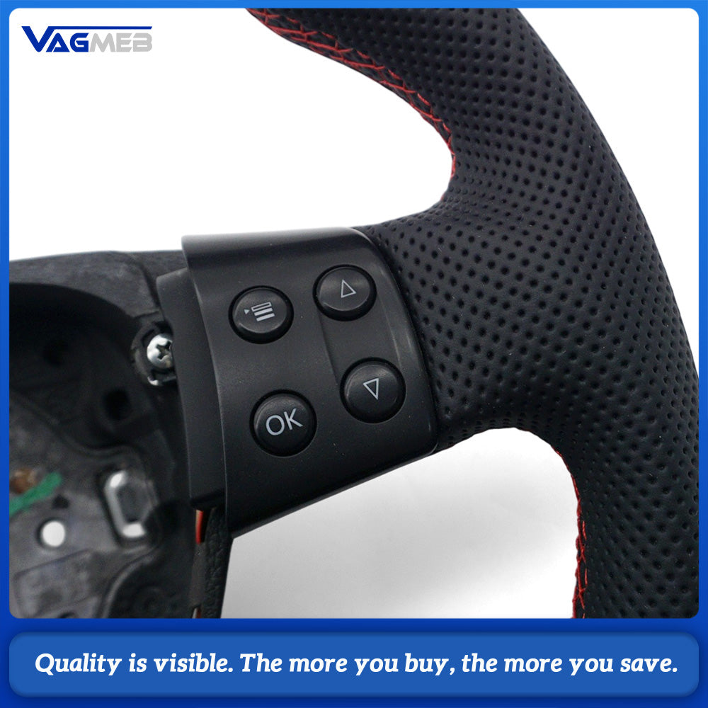For VW Golf MK5 Half Perforated Leather Steering Wheel, Red Stitching With Control Buttons Without Shift Paddles