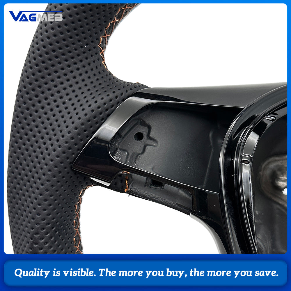 Car Sport Steering Wheel Fit For Multivan T6, Half Perforated Leather, Brown Stitch, Equipped with Gloss Painted Decorative Frame