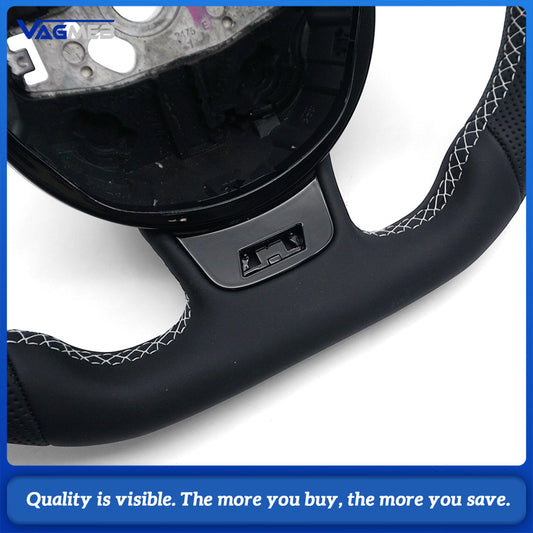 For Audi A4 B8 Shaped Steering Wheel Base, Half Perforated Leather White Stitching Black Centering Marker