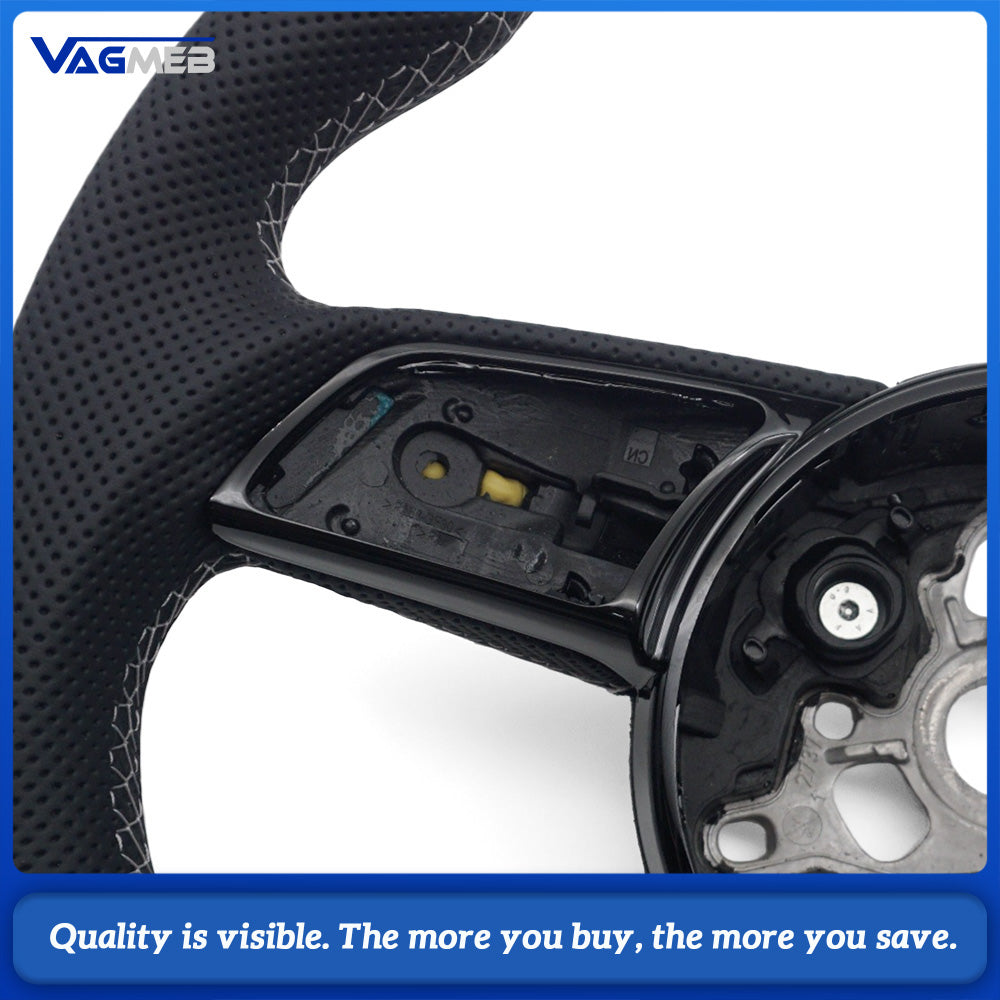 For Audi A4 B9 S Style Steering Wheel Half Punch Leather White Contrast Stitch Without Control Buttons