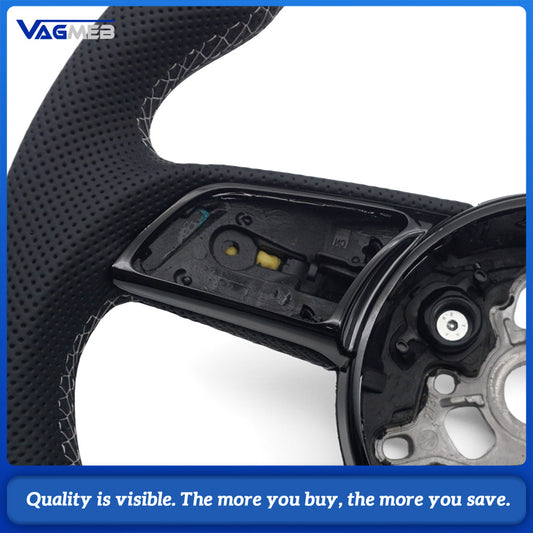 For Audi A4 B9 S Style Steering Wheel Half Punch Leather White Contrast Stitch Without Control Buttons
