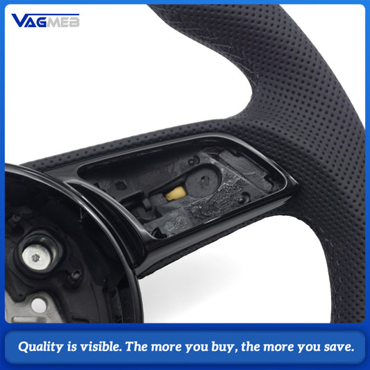 Stylized Shape Semi‑Perforated Steering Wheel Black Stitch Black Centering Marker No Paddle No Buttons For Audi A4 B9 Interior Upgrade