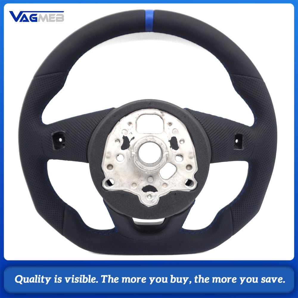 For Audi A4 B9 RS Logo Half Perforated Leather Steering Wheel Blue Stitch Blue Center Marker