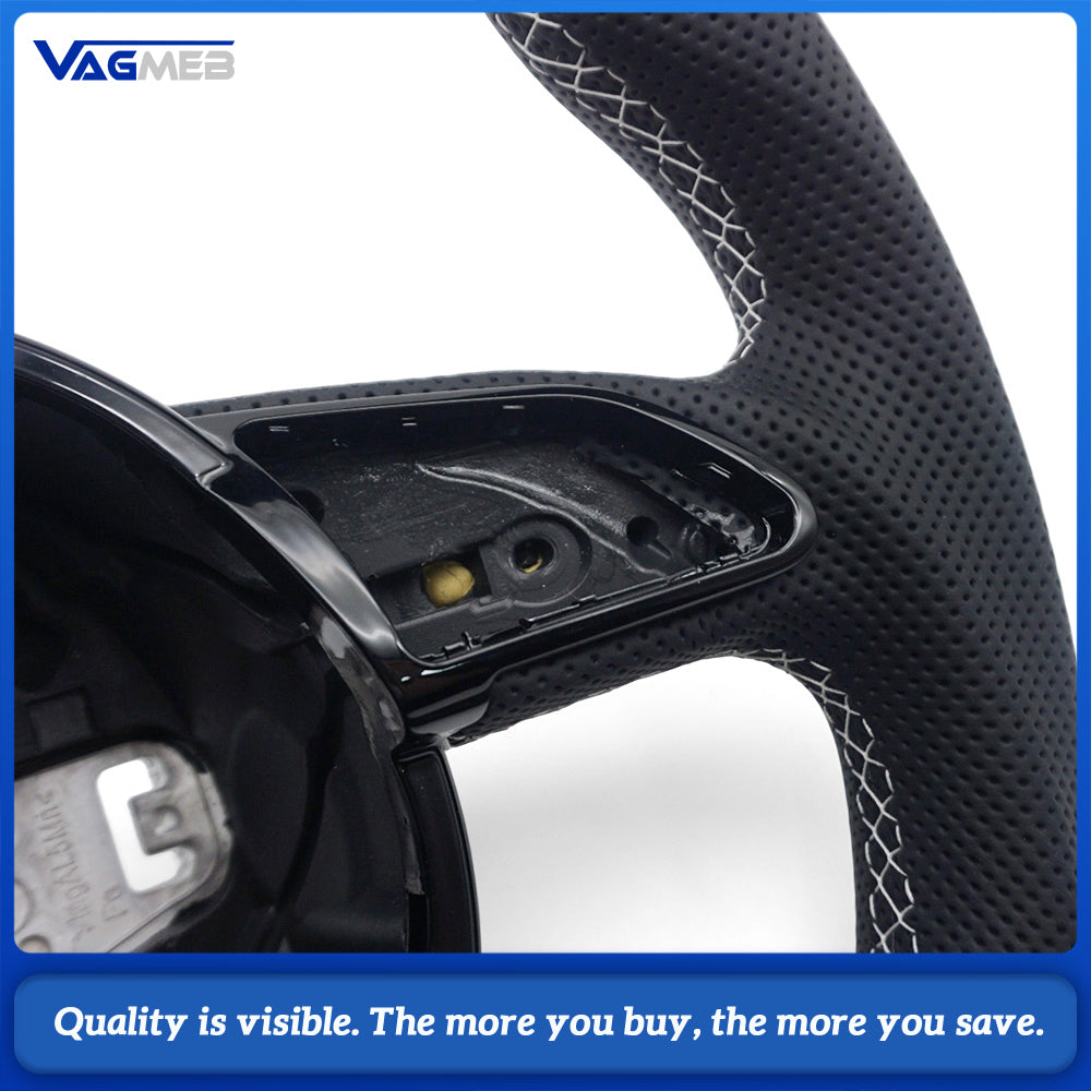 Audi A4 B8 Ergonomic Sculpted D-shaped Steering Wheel Half Punch Leather Black 12 O’clock Top Mark OEM Hub Base
