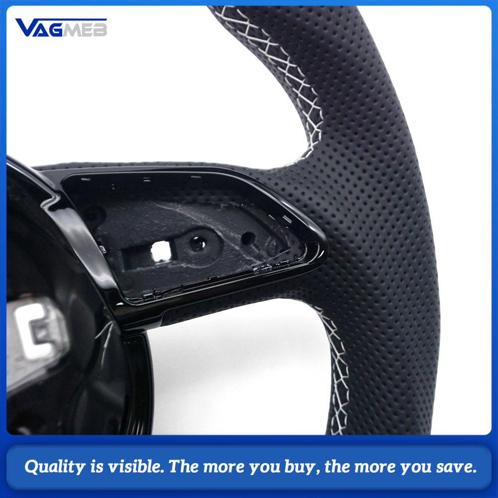 Semi‑Perforated Leather Steering Wheel White Stitching Black Center Mark No Paddle Shifters For Audi A4 B8