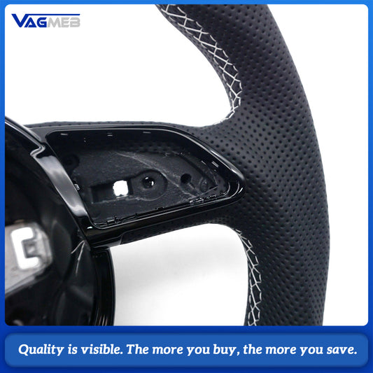 Semi‑Perforated Leather Steering Wheel White Stitching Black Center Mark No Paddle Shifters For Audi A4 B8