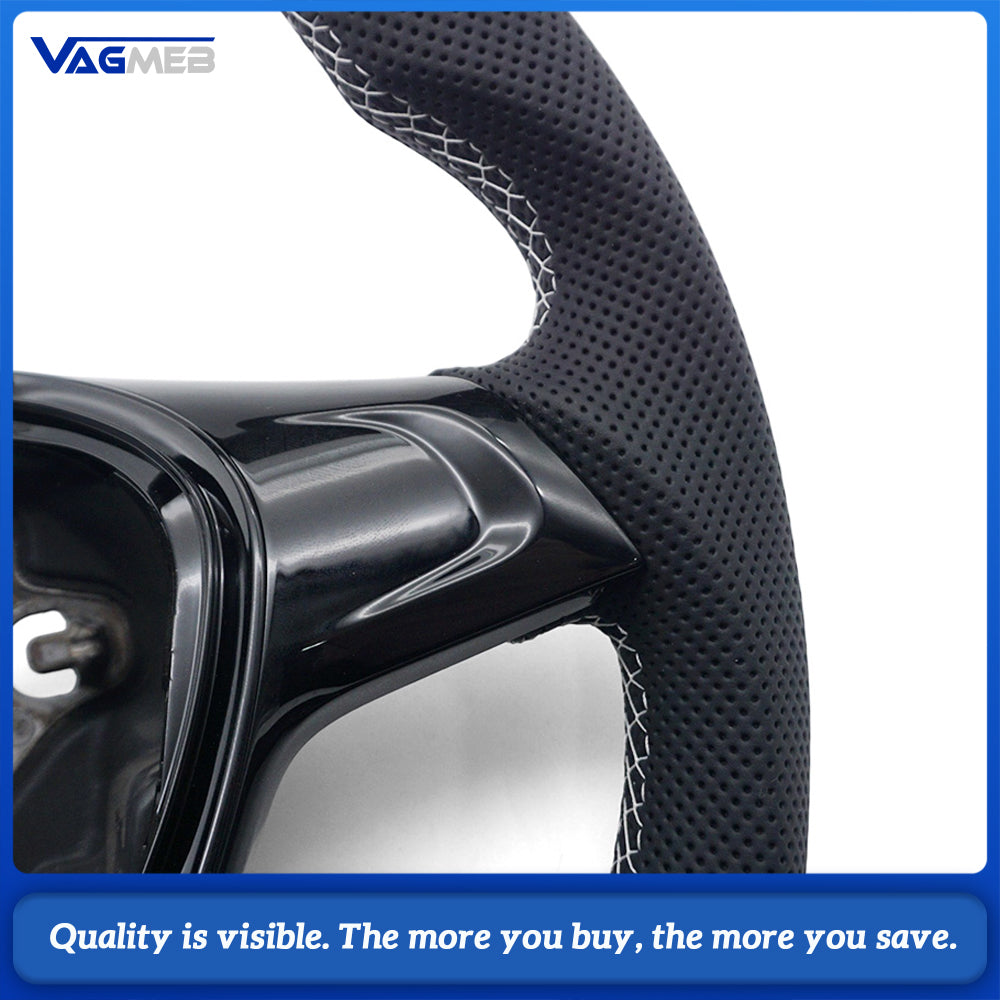 Universal Semi Perforated Leather Car Steering Wheel, White Stitching, Car Interior Sport Modification Steering Wheel For VW T6