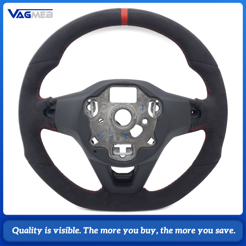 Car Full Suede Alcantara Steering Wheel Red Stitching Red Center Marker Without Control Buttons and Paddle Shifters Replacement For Volkswagen Golf 8 MK8