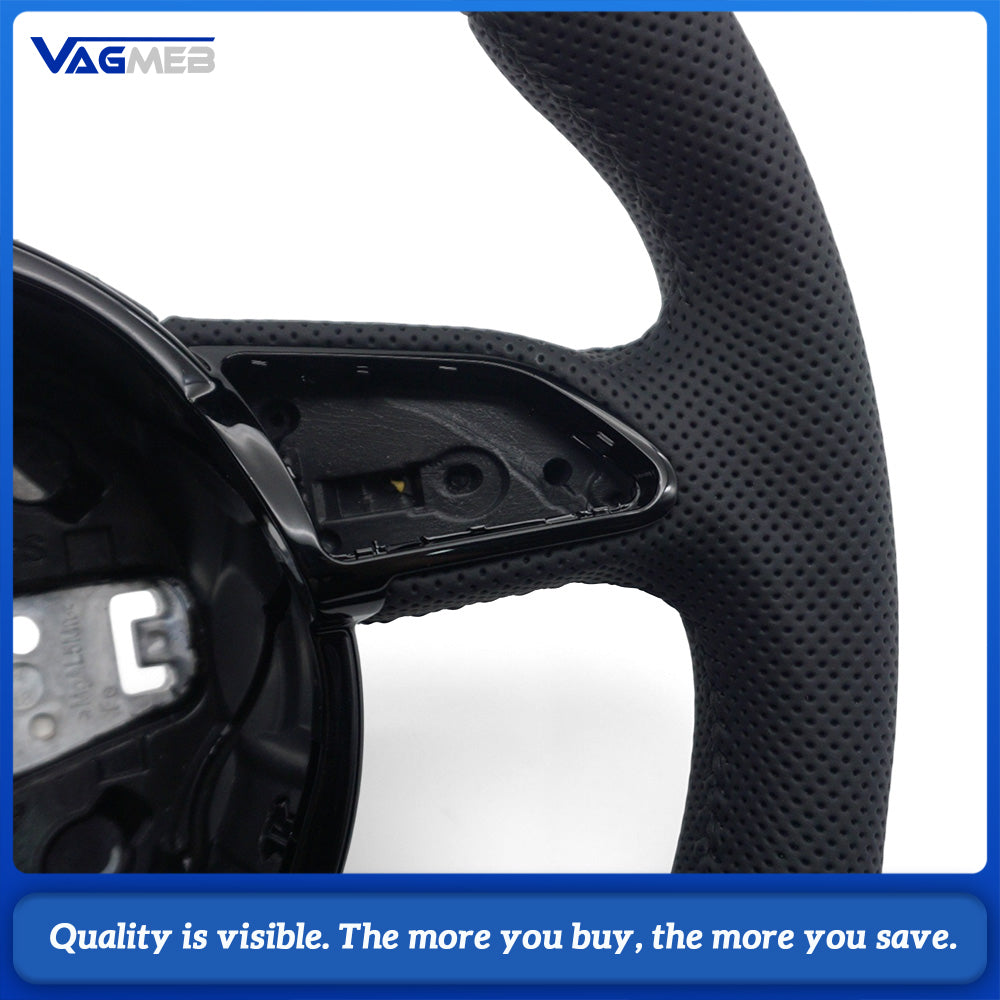 For Audi A4 B8 A3 8V A4 A5 A7 Q3 Q5 Q7 Black Stitched Full Leather Perforated Flat Bottomed Steering Wheel