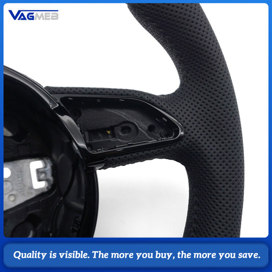 For Audi A4 B8 A3 8V A4 A5 A7 Q3 Q5 Q7 Black Stitched Full Leather Perforated Flat Bottomed Steering Wheel