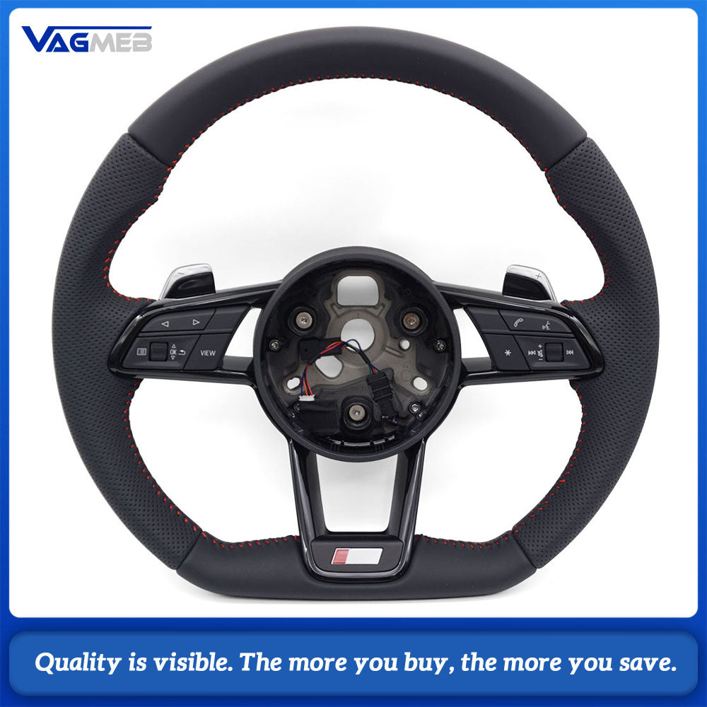 R8 Flat Bottom S-line Steering Wheel Half Perforated Red Stitch With Buttons Shift Paddles For Audi
