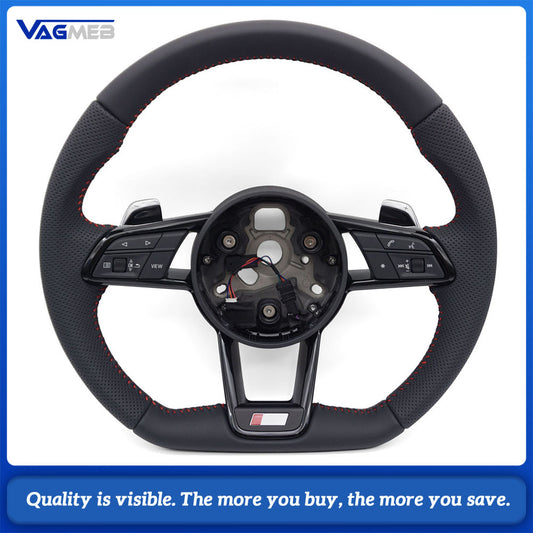 R8 Flat Bottom S-line Steering Wheel Half Perforated Red Stitch With Buttons Shift Paddles For Audi