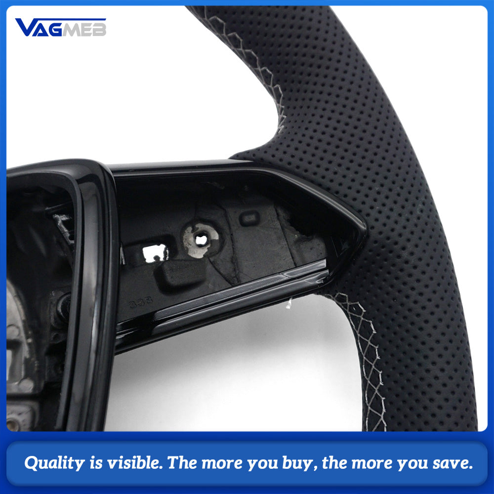 S-Line Steering Wheel For Audi A6 C8 A7 C8, Half Perforated Leather White Stitching, Heated Function, No Shift Paddles, No Multifunction Buttons