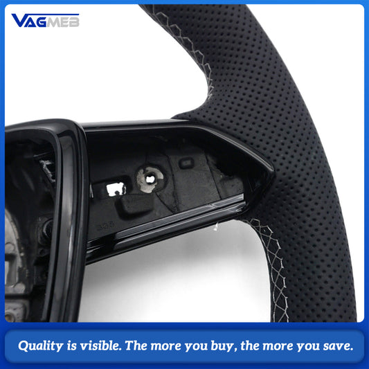 S-Line Steering Wheel For Audi A6 C8 A7 C8, Half Perforated Leather White Stitching, Heated Function, No Shift Paddles, No Multifunction Buttons