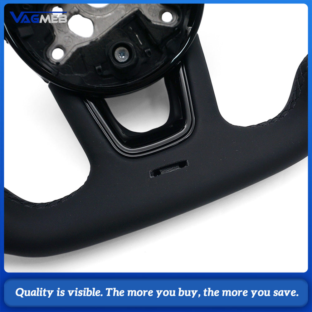 For Audi A4 B9 Shaped Steering Wheel, Half Perforated Leather Black Stitching Black Centering Marker Without Control Buttons and Shift Paddles