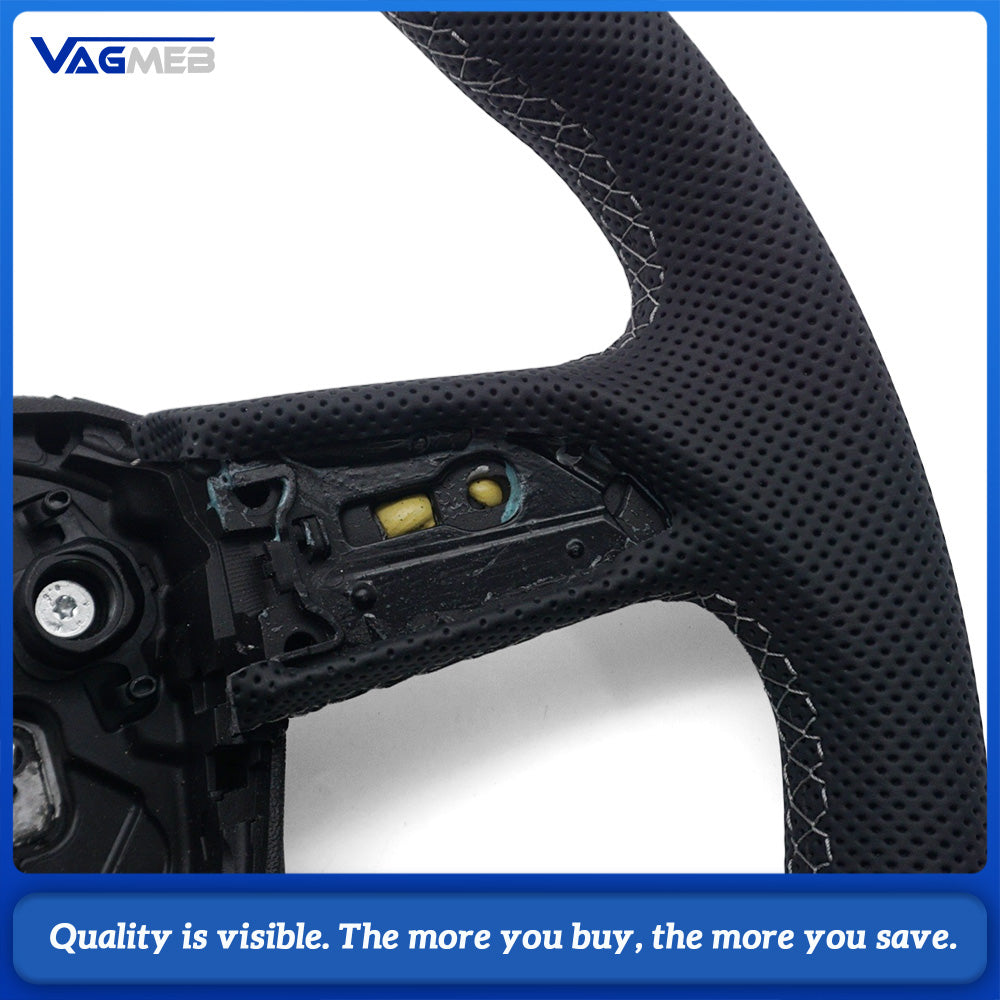 Car Gloss Black Half Perforated Leather Steering Wheel Gray Stitching Without Paddle Shifters and Control Buttons Replacement For Audi Q5L