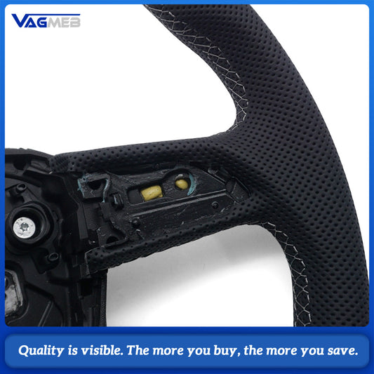 Car Gloss Black Half Perforated Leather Steering Wheel Gray Stitching Without Paddle Shifters and Control Buttons Replacement For Audi Q5L