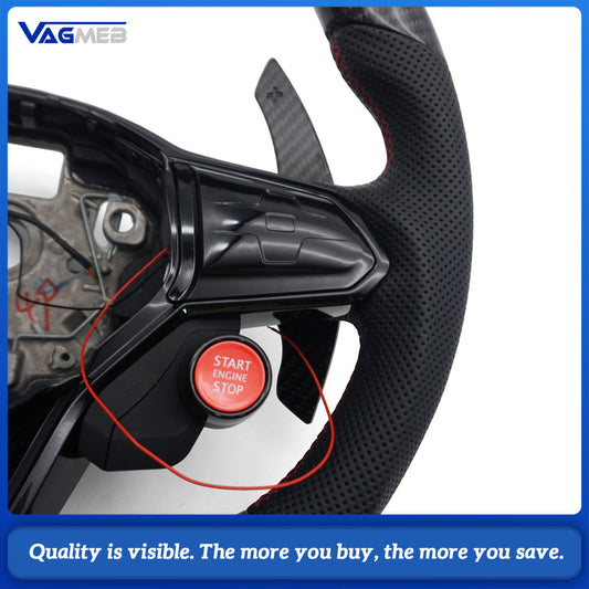 LED Carbon Fiber Steering Wheel For VW Golf MK8 GTI R, Half Perforated Leather Red Stitching, Red Top Marker, Multifunction Buttons, Carbon R8 2 Mode Buttons, DSG Paddle Shifters