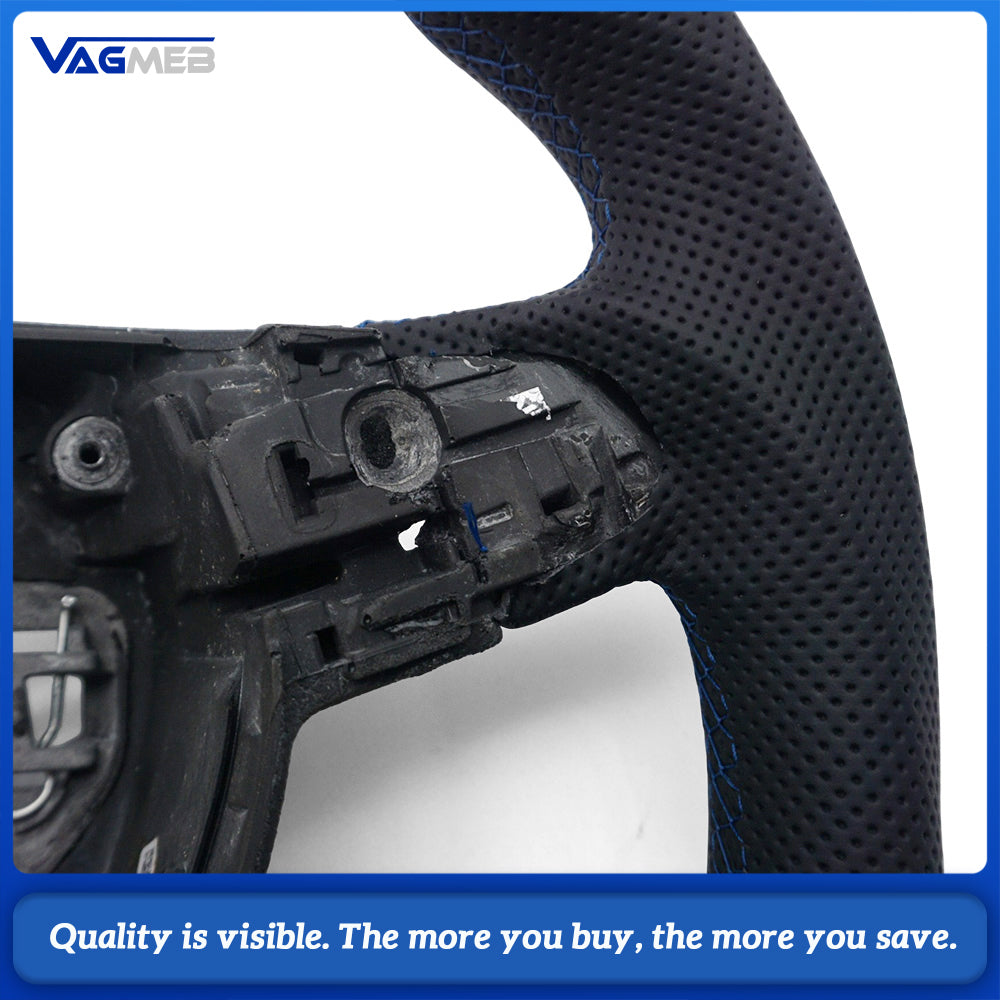Sport Steering Wheel Semi‑Perforated Leather Blue Contrast Stitching Blue Center Mark Buttons Not Included For VW Passat B7 Interior Retrofit Upgrade