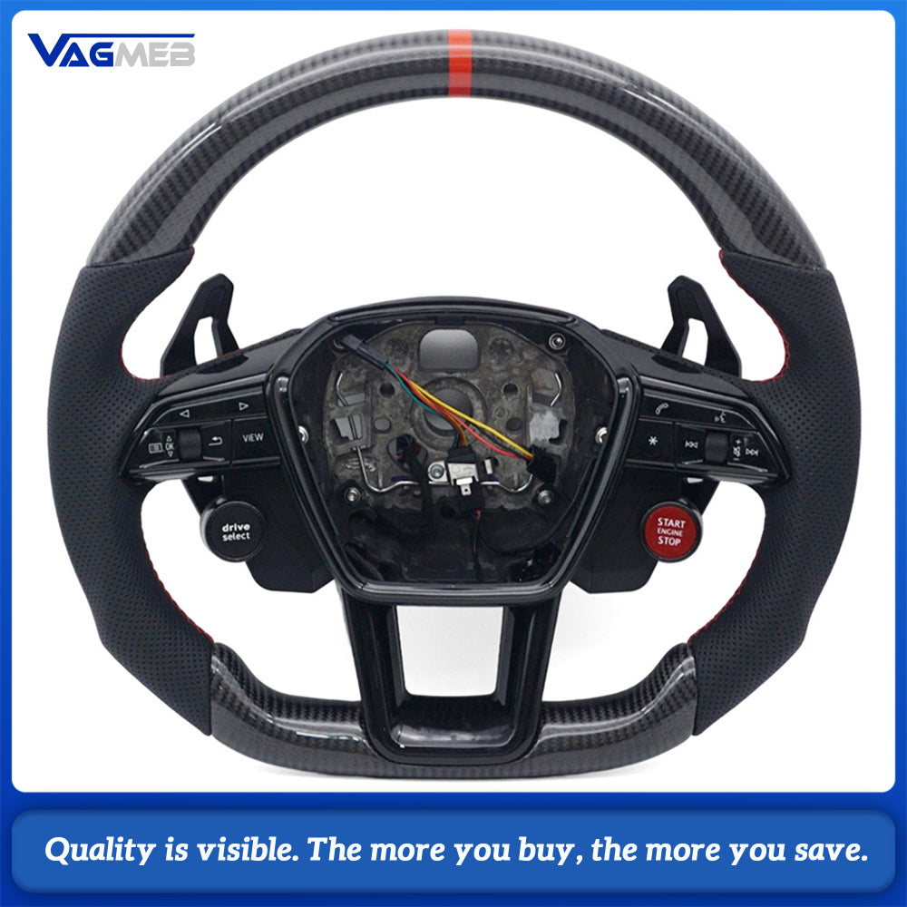 Carbon Fiber Half Perforated Steering Wheel, Gloss Black Trim, Red Stitch, Red Center Marker, R8 Buttons, Heating & Hands Off Detection, With Paddle Shifters & Multifunction Keys for Audi A6 C8
