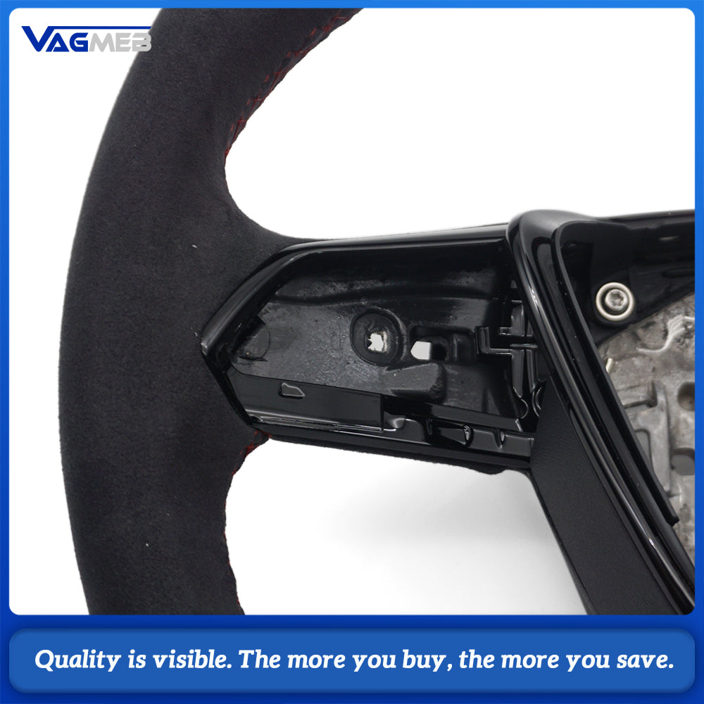 RS Steering Wheel For Audi A6L C8 A7 RS7, Full Alcantara, Black Gloss RS Logo, Red Stitching, Red Center Mark, Flat Bottom