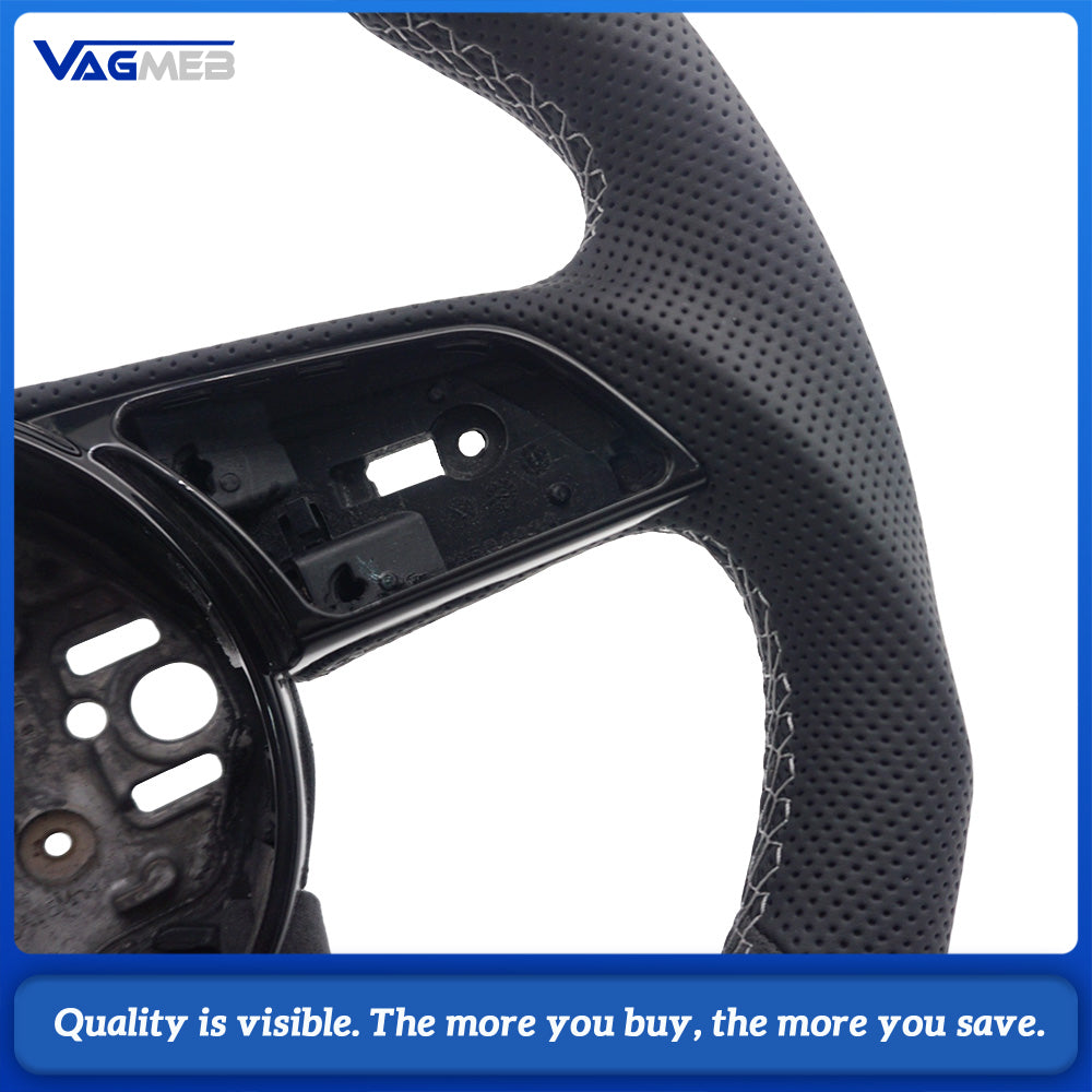 For Audi A38Y S Sport Steering Wheel With S Badge Shaped Bottom Base Half Perforated Leather Upper Lower Alcantara Cover White Thread Green Recenter Mark Modified Interior Steering Wheel