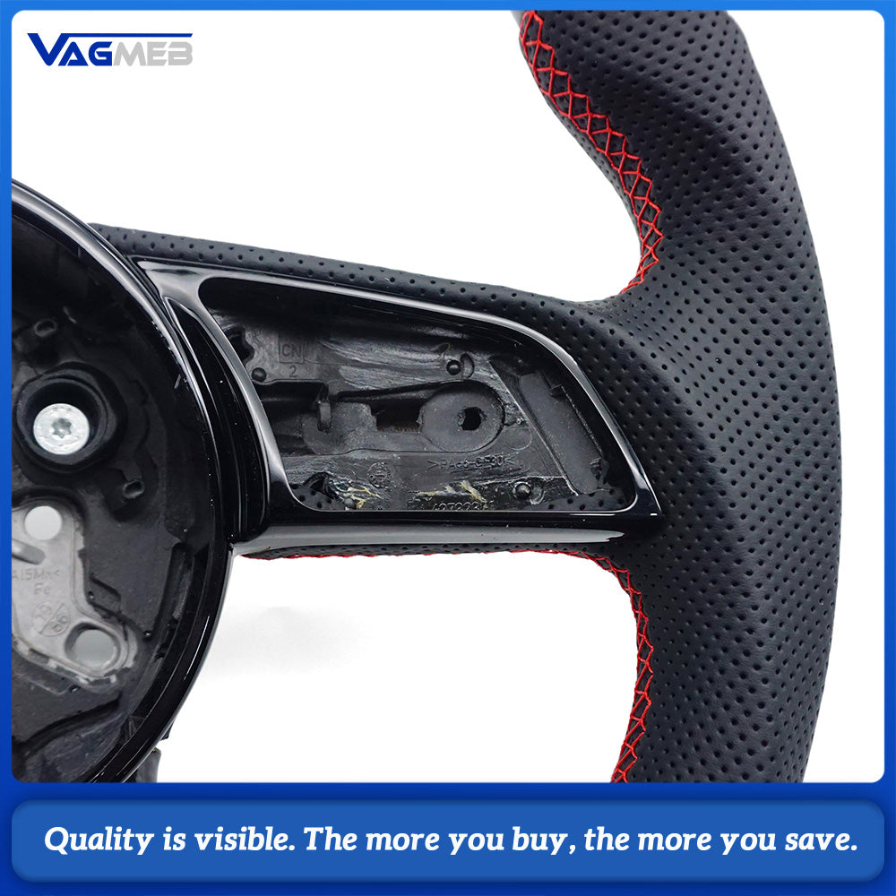 Carbon Fiber Half Perforated Steering Wheel Red Stitch Black-Red-Yellow Centering Mark No Paddle Shifters for Audi A4 B9