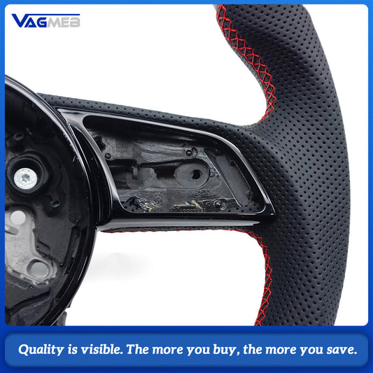 Carbon Fiber Half Perforated Steering Wheel Red Stitch Black-Red-Yellow Centering Mark No Paddle Shifters for Audi A4 B9