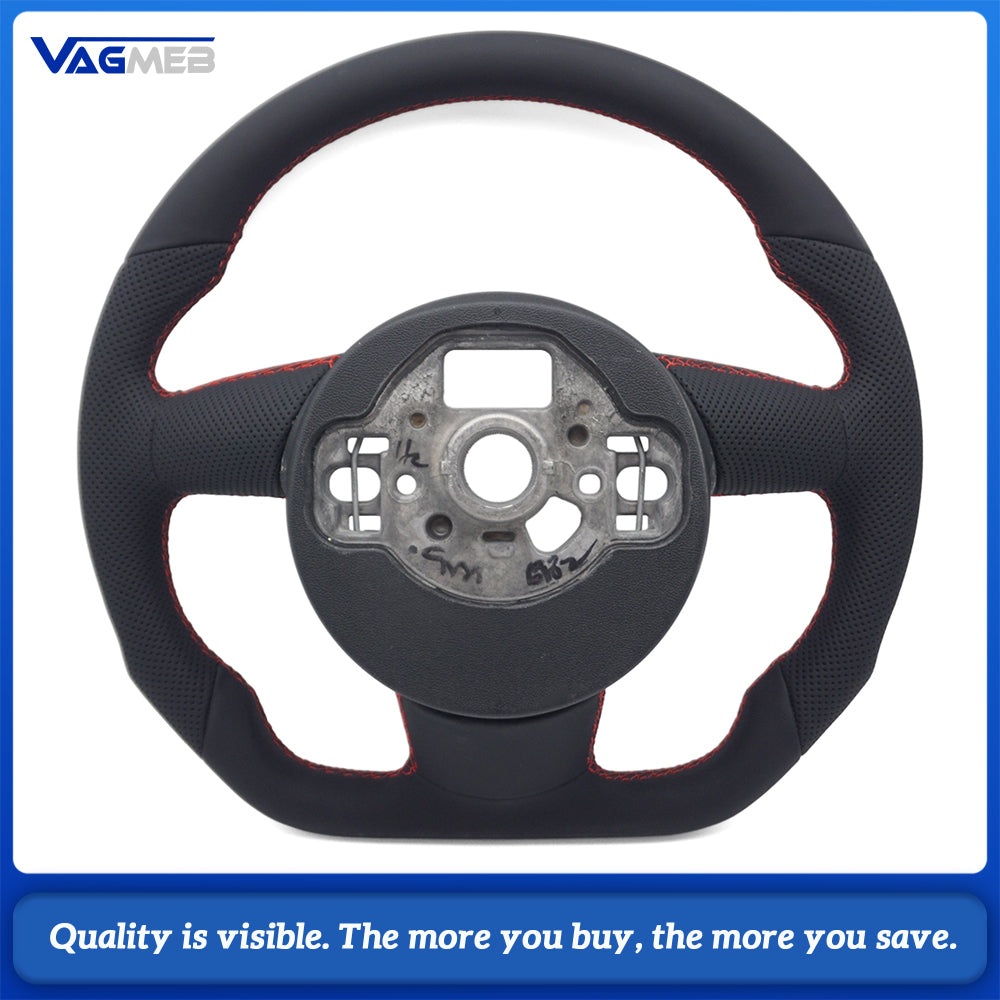 Car Half Perforated Leather Steering Wheel Red Stitching Without Buttons Paddle Shifters Decorative Frame Replacement For Audi A6 C7