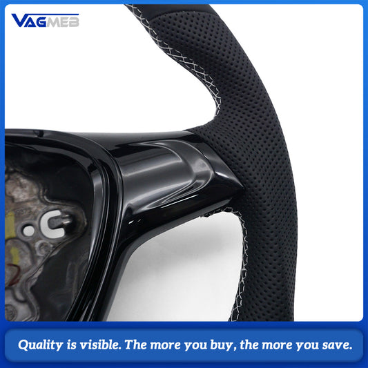 For VW T6 Steering Wheel, Half Perforated Leather, White Stitching, White Return Marker, Included Decorative Frame